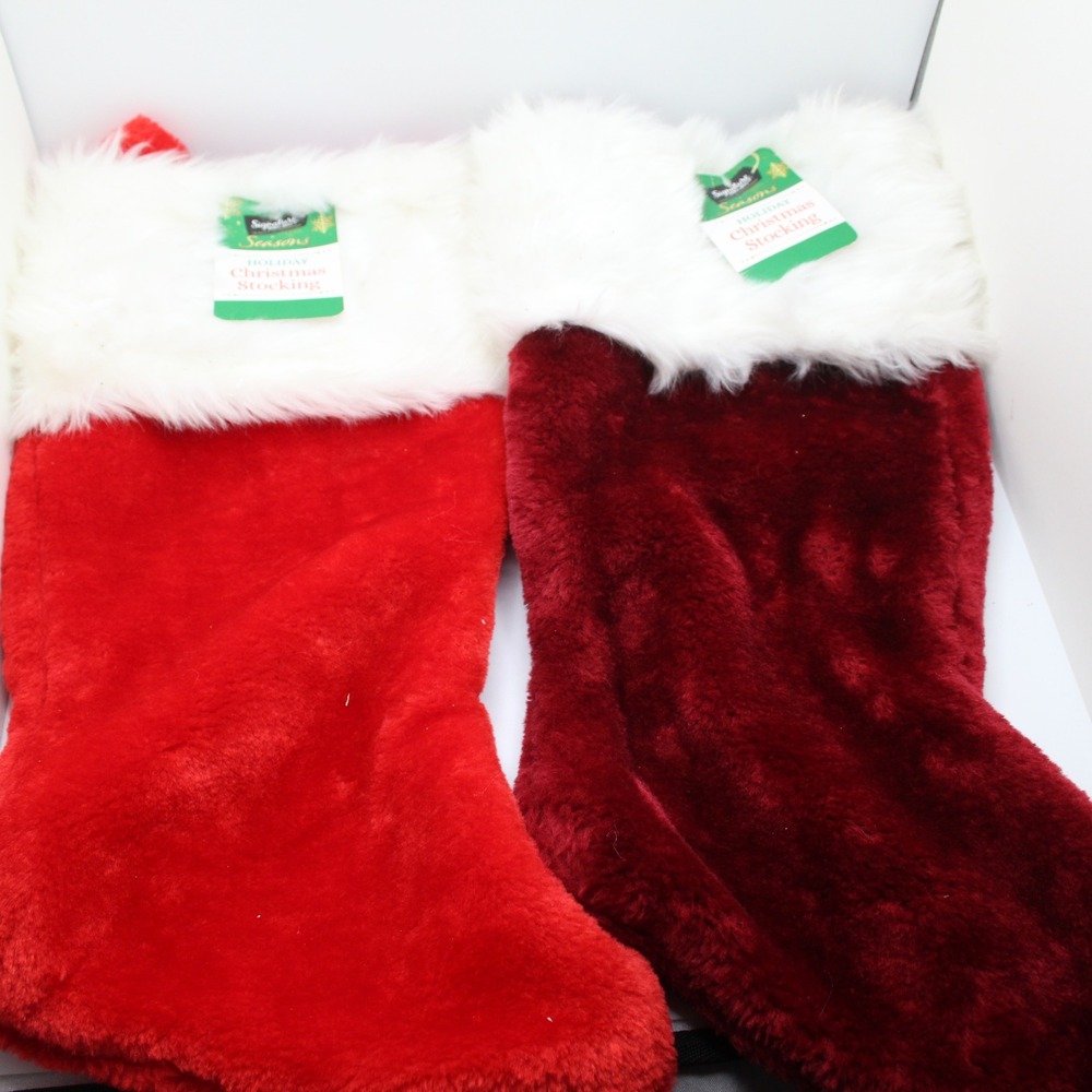 Signature Seasons Holiday Christmas‎ Stocking, Red and White Plush Faux Fur